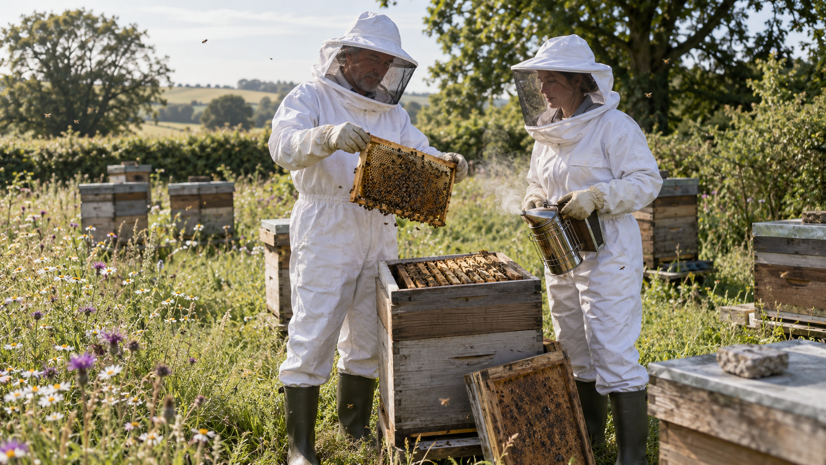 Two beekeepers inspecting a Foxes Honey hive in a wildflower meadow