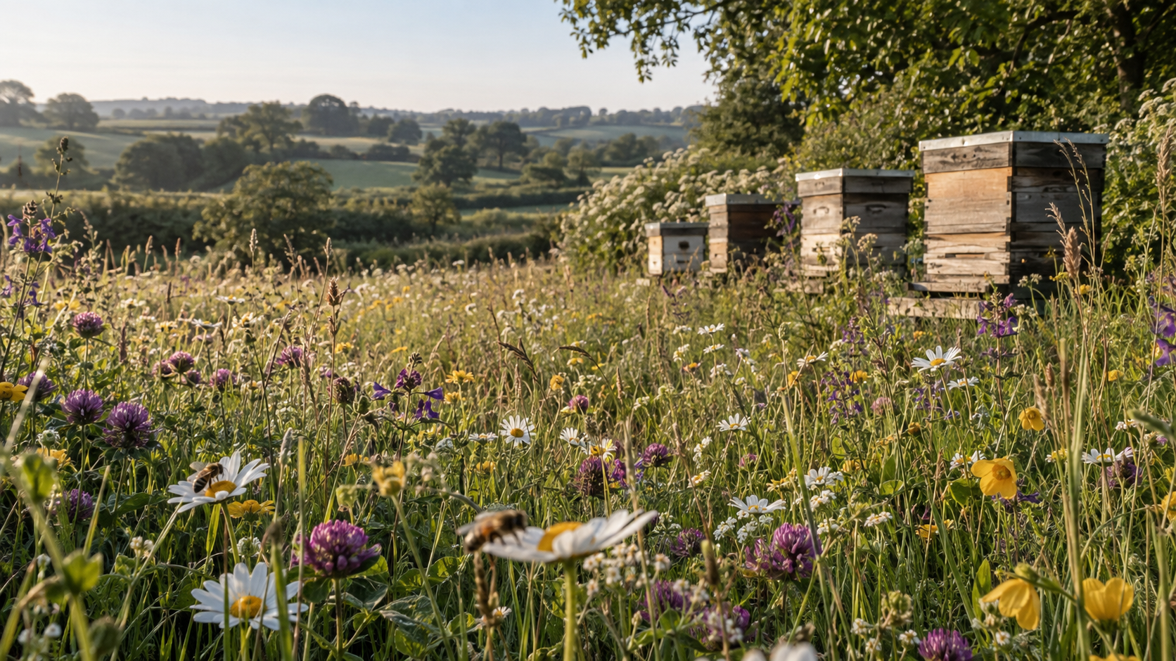 Foxes Honey beehives in a Nottinghamshire wildflower meadow